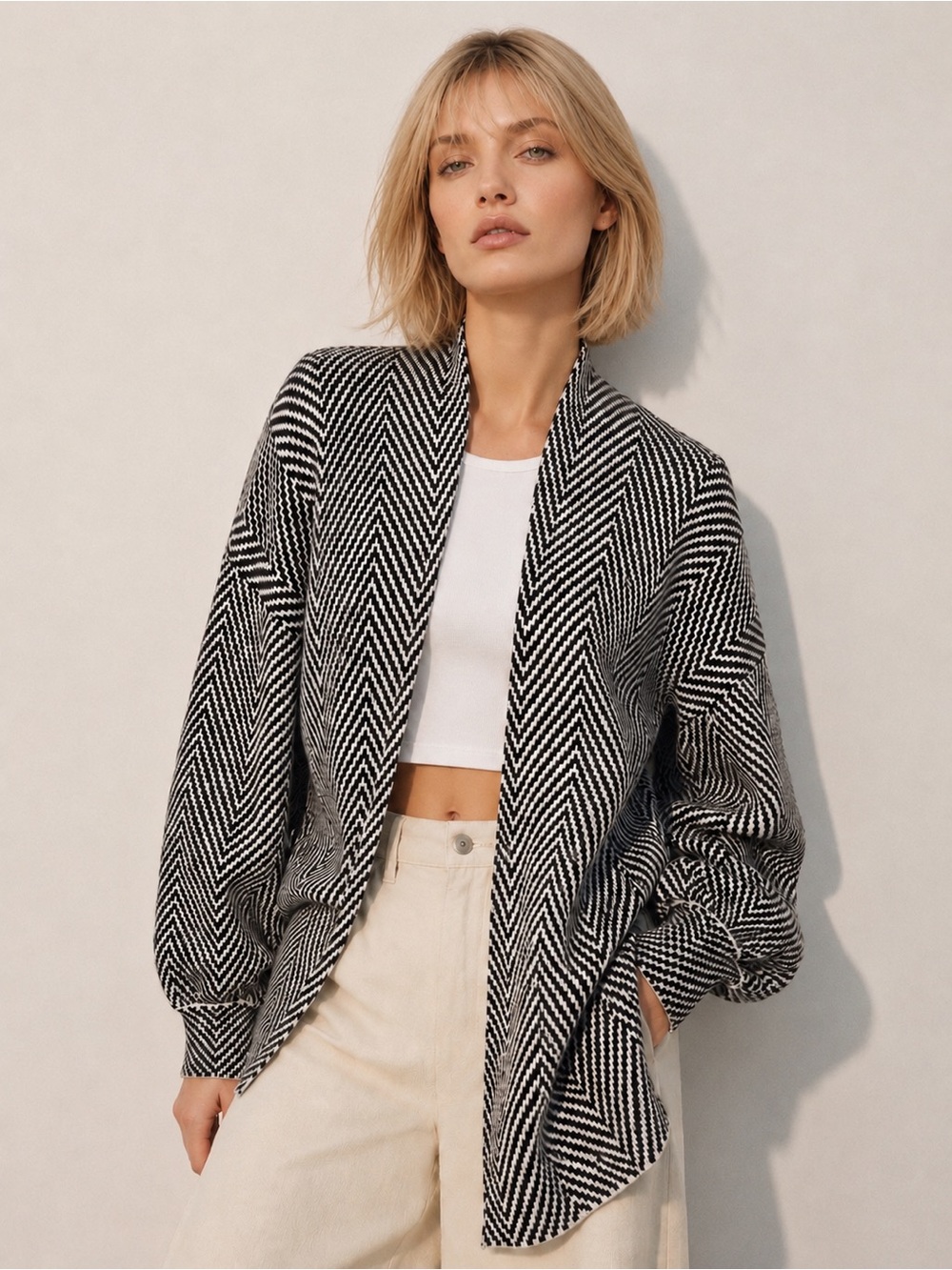 Chevron Open-Front Cardigan Sweater in Brown & White